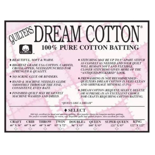 Quilters Dream Cotton batting packaging with product details on a pink background