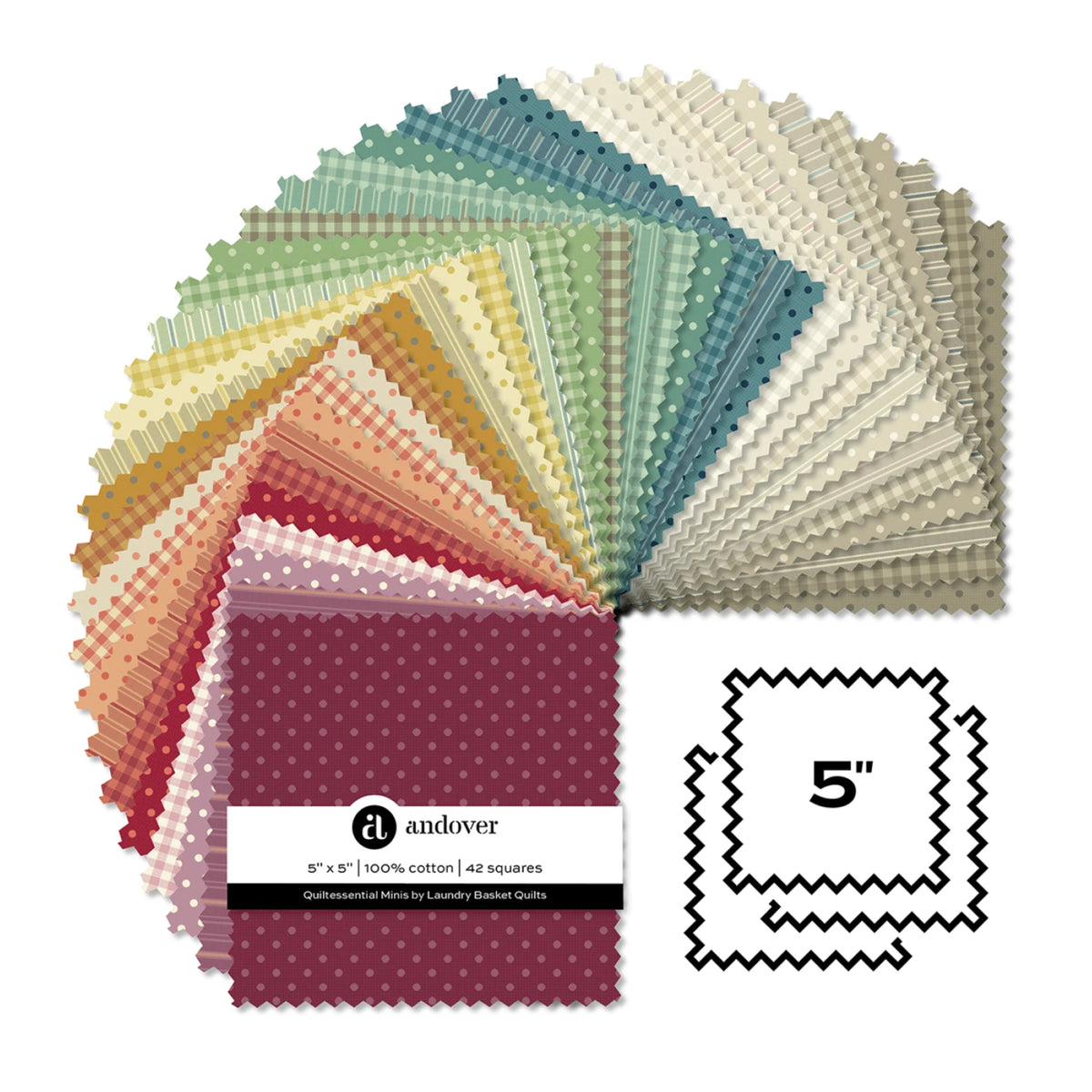 A fan arrangement of quilt fabric squares in many pastel and neutral tones, with a folded maroon fabric sample and a black-and-white graphic indicating 5" fabric squares. The label shows the brand andov er.