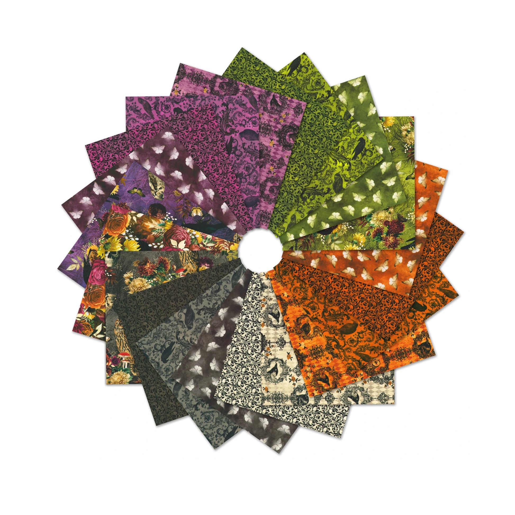 Sampling of fabrics included in Ravenwood 5 inch stacker bundle