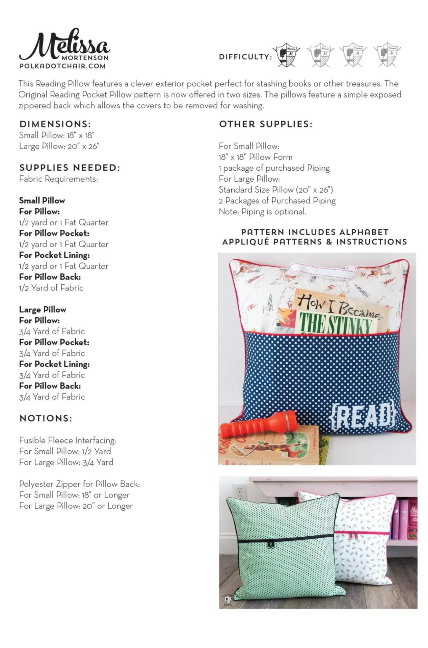 A sewing pattern cover page for the Melissa Pole Dodchin 'Read' reading pillow pattern, showing dimensions, supplies, notes, and three finished pillow examples with colorful fabrics.