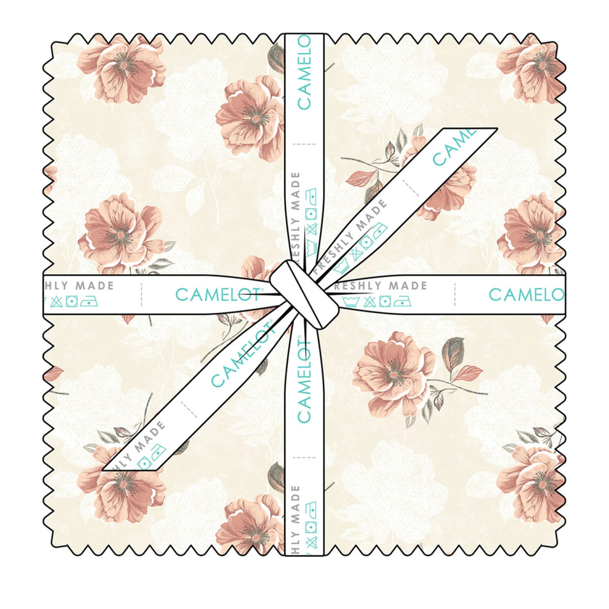 A square fabric item with scalloped edges, shown tied with a white ribbon printed with the brand name CAMELOT and 'FRESHLY MADE'. The fabric has a warm cream background with a floral pattern of dusty pink roses and muted green leaves.