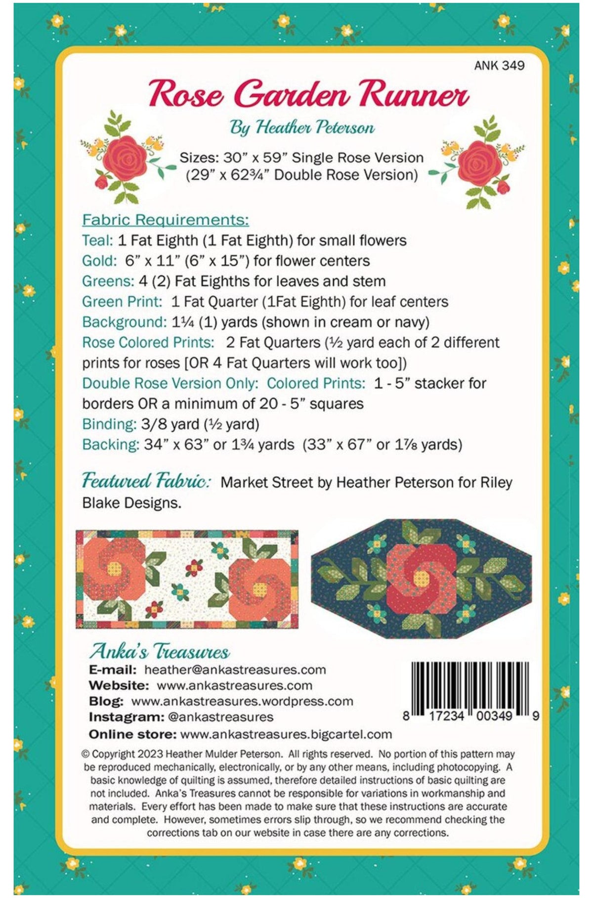 Back pattern card for 'Rose Garden Runner' fabric by Heather Peterson, showing fabric requirements, print options, featured fabric, a small sample swatch, and a barcode on a white background with a green border.