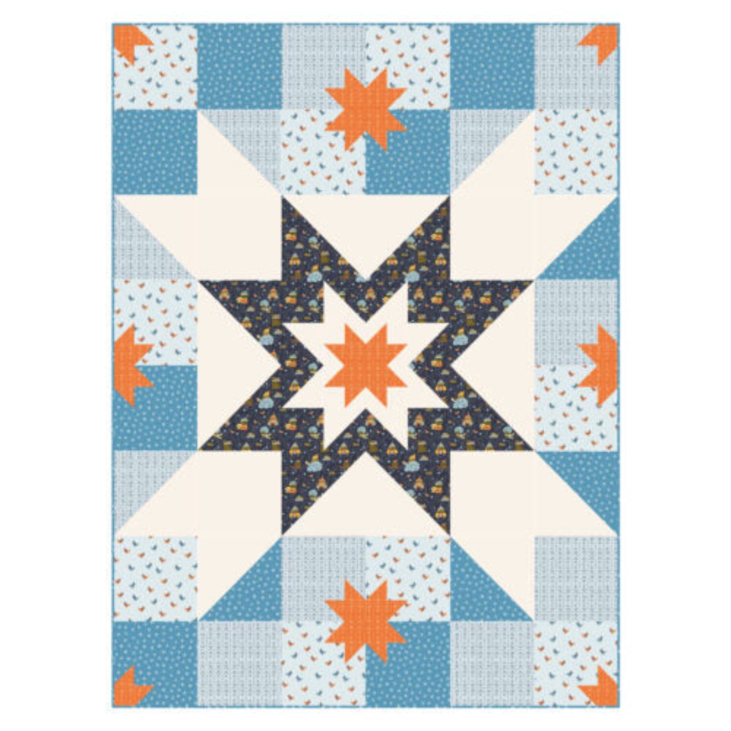 Quilt with star pattern featuring orange stars on a blue and white background