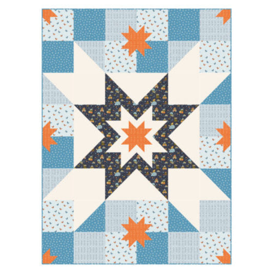 Quilt with star pattern featuring orange stars on a blue and white background