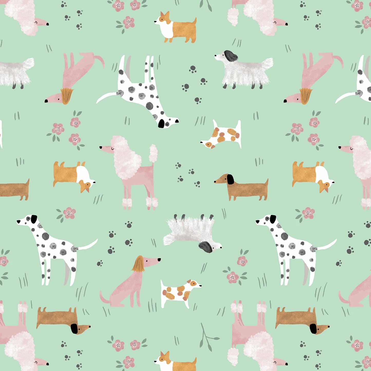 Pattern of various dogs on a light green background with flowers and paw prints.