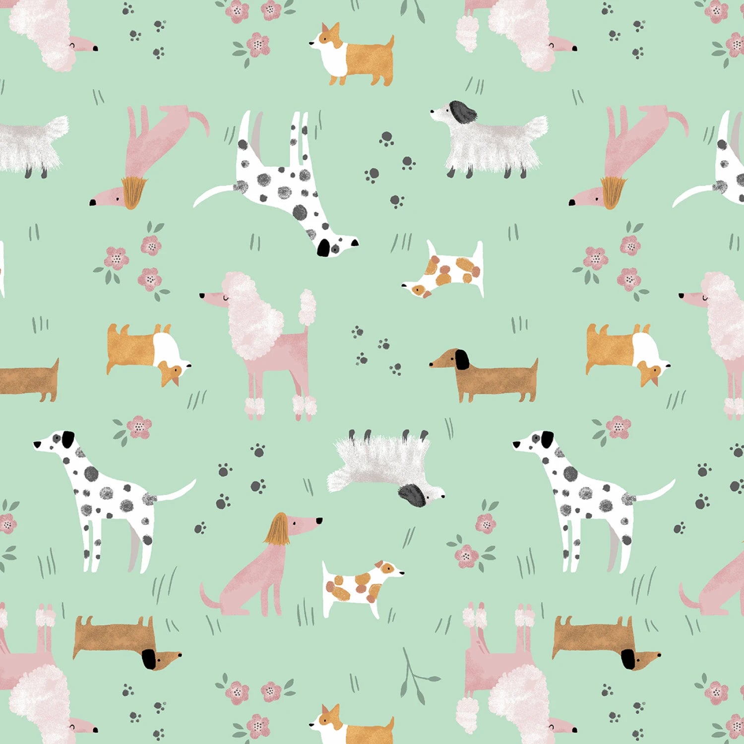 Pattern of various dogs on a light green background with flowers and paw prints.
