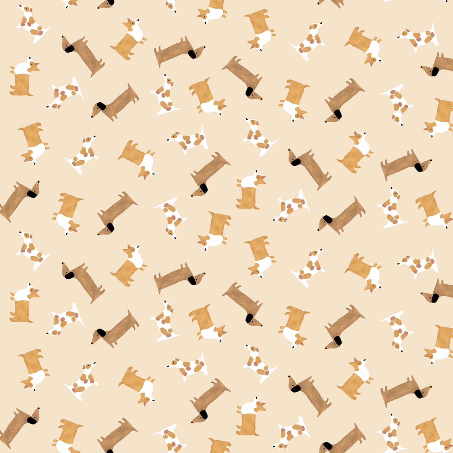 Pattern of cartoon dogs and paw prints on a beige background