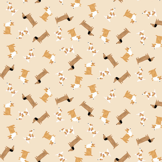 Pattern of cartoon dogs and paw prints on a beige background