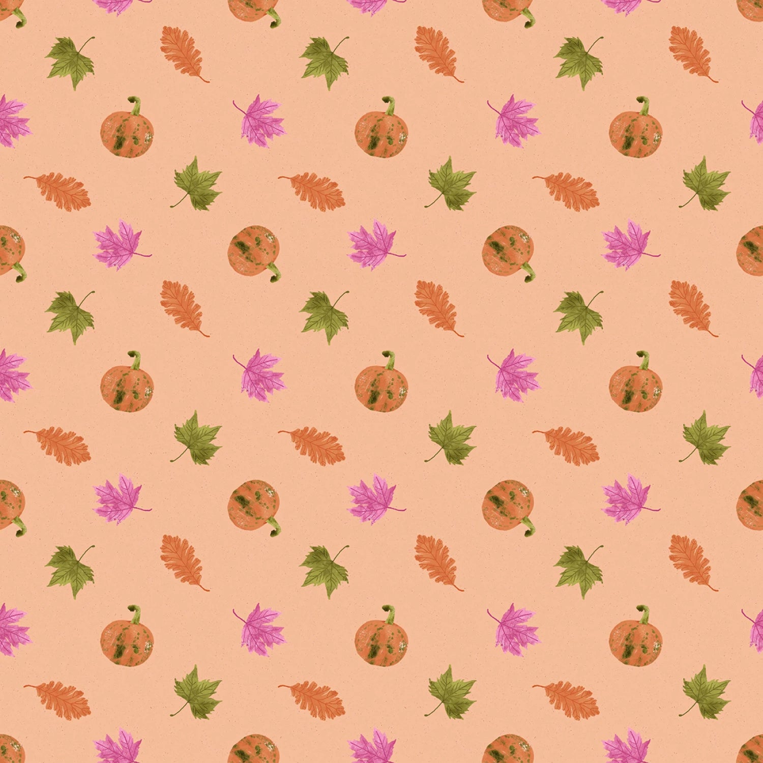 Pattern of pumpkins, leaves, and flowers on a beige background