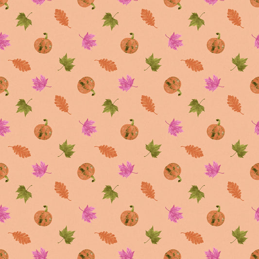 Pattern of pumpkins, leaves, and flowers on a beige background
