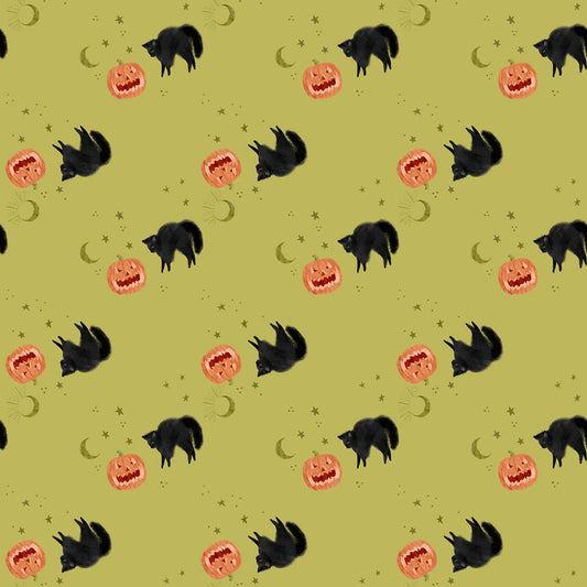 Halloween-themed pattern with black cats, pumpkins, and crescent moons on a green background.