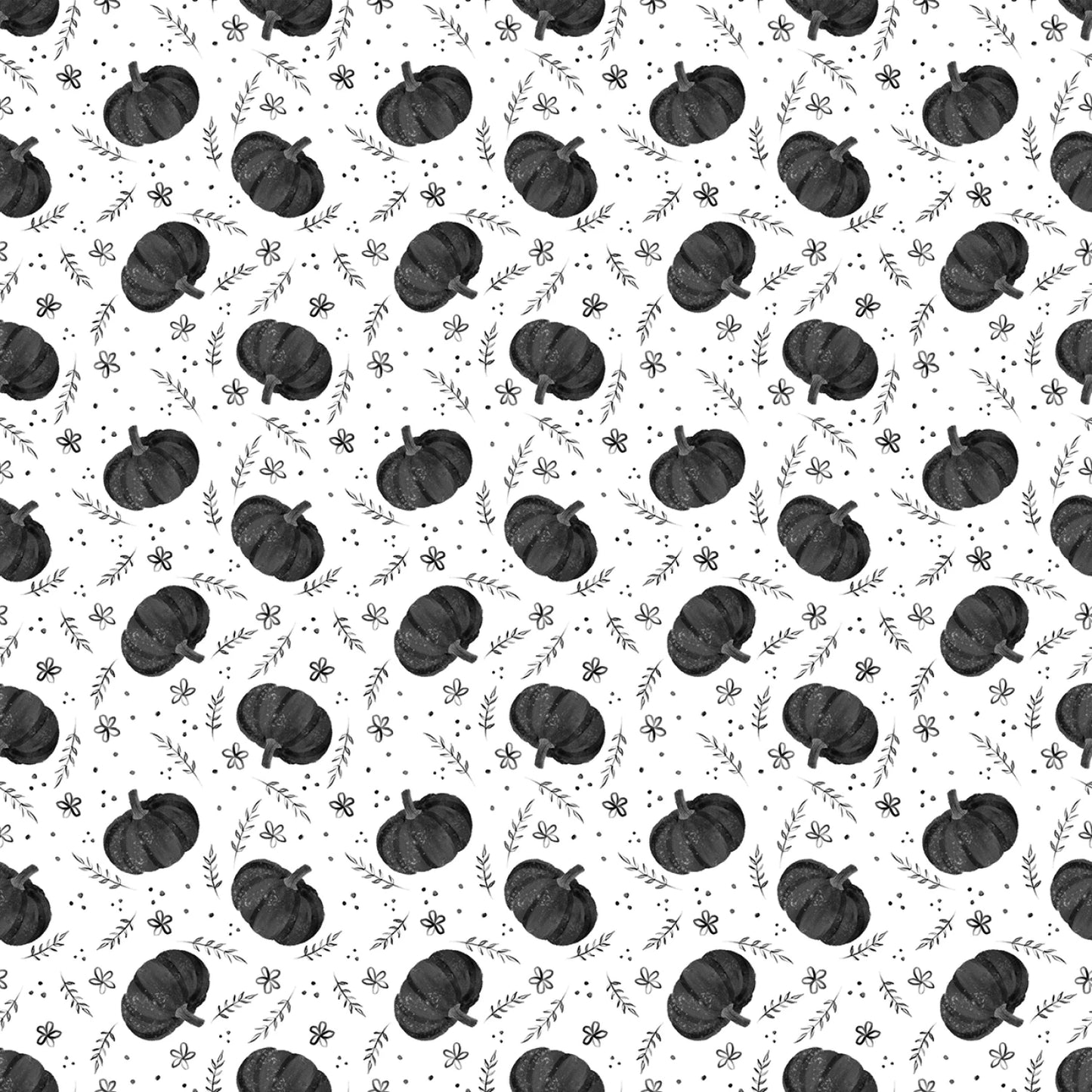 Pattern of black pumpkins and leaves on a white background