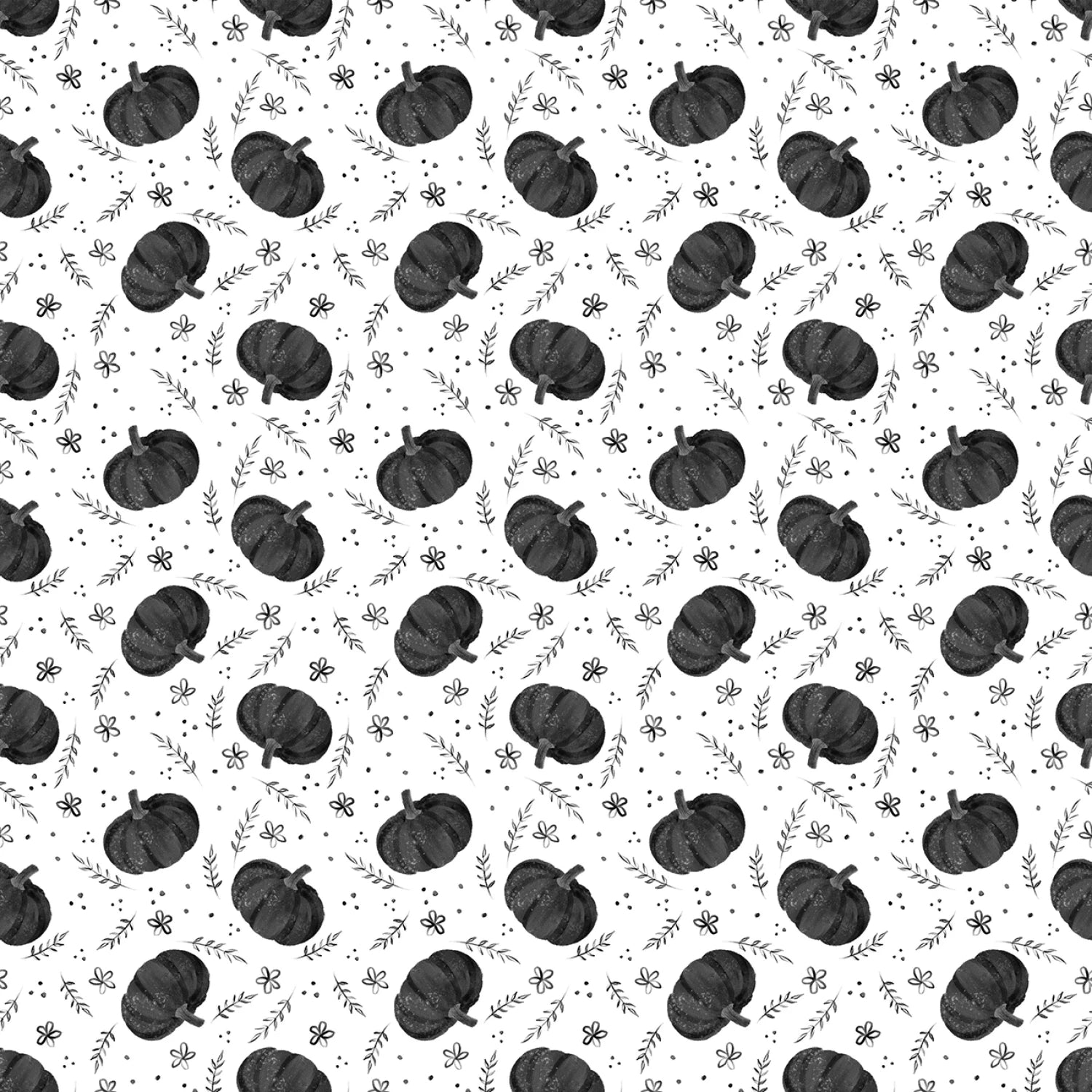Pattern of black pumpkins and leaves on a white background