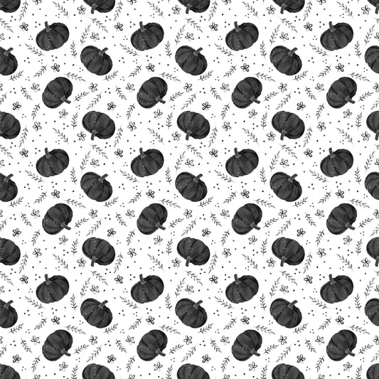 Pattern of black pumpkins and leaves on a white background