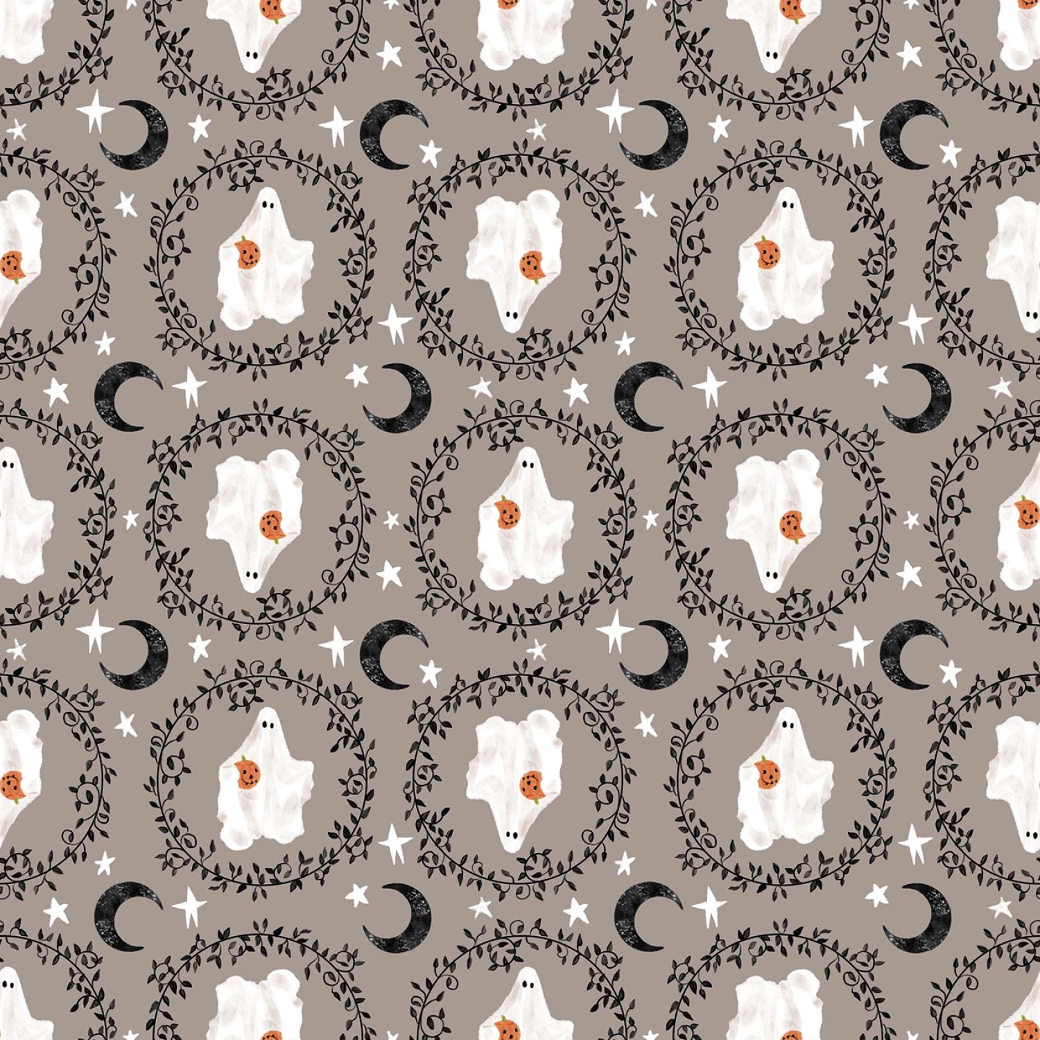 Ghosts with moon and star accents on grey background