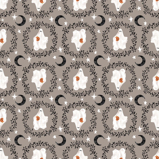 Ghosts with moon and star accents on grey background