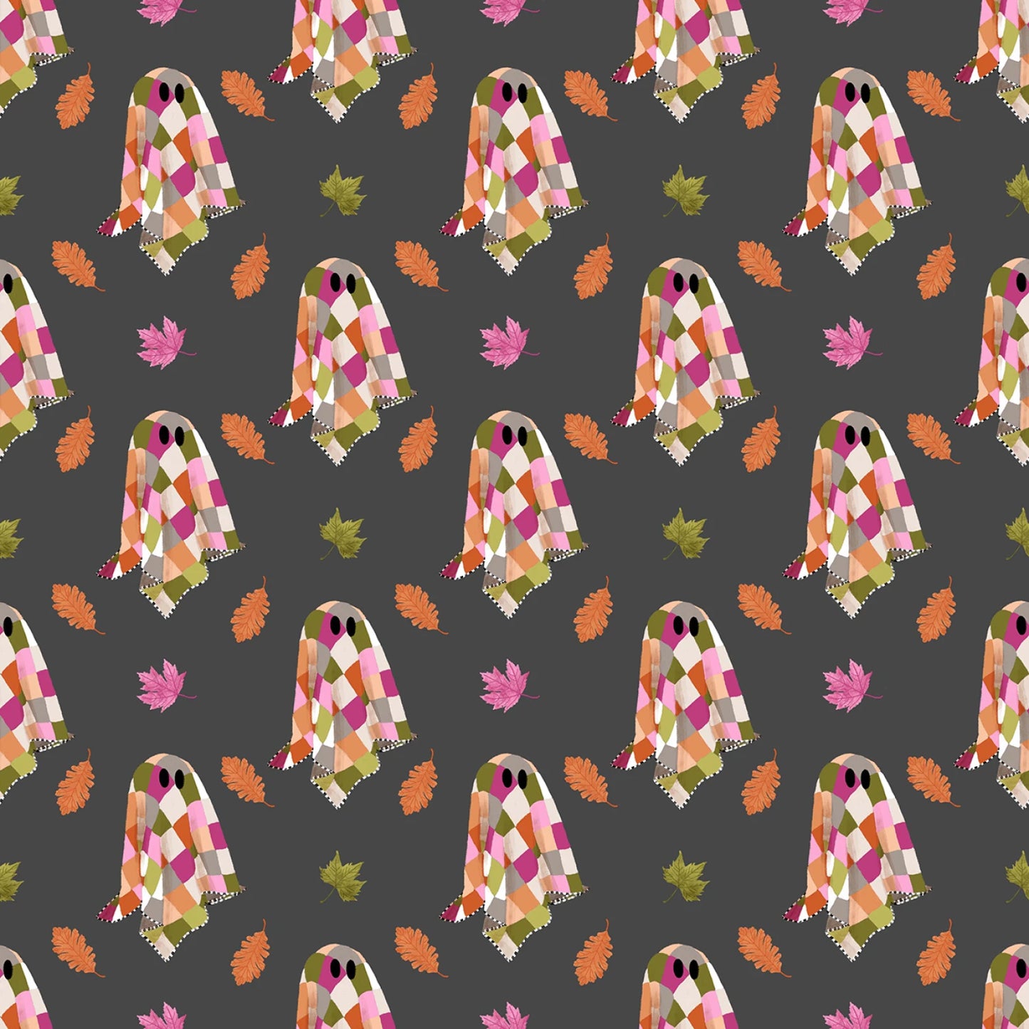 Pattern of colorful ghost characters with checkered scarves on a dark background.