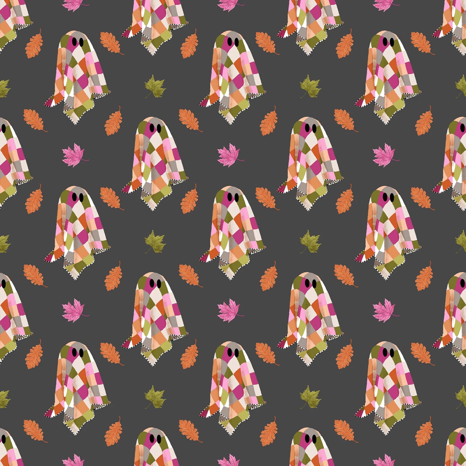 Pattern of colorful ghost characters with checkered scarves on a dark background.