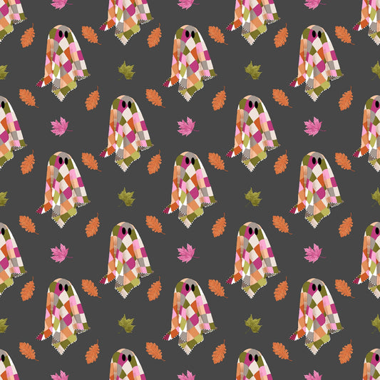 Pattern of colorful ghost characters with checkered scarves on a dark background.
