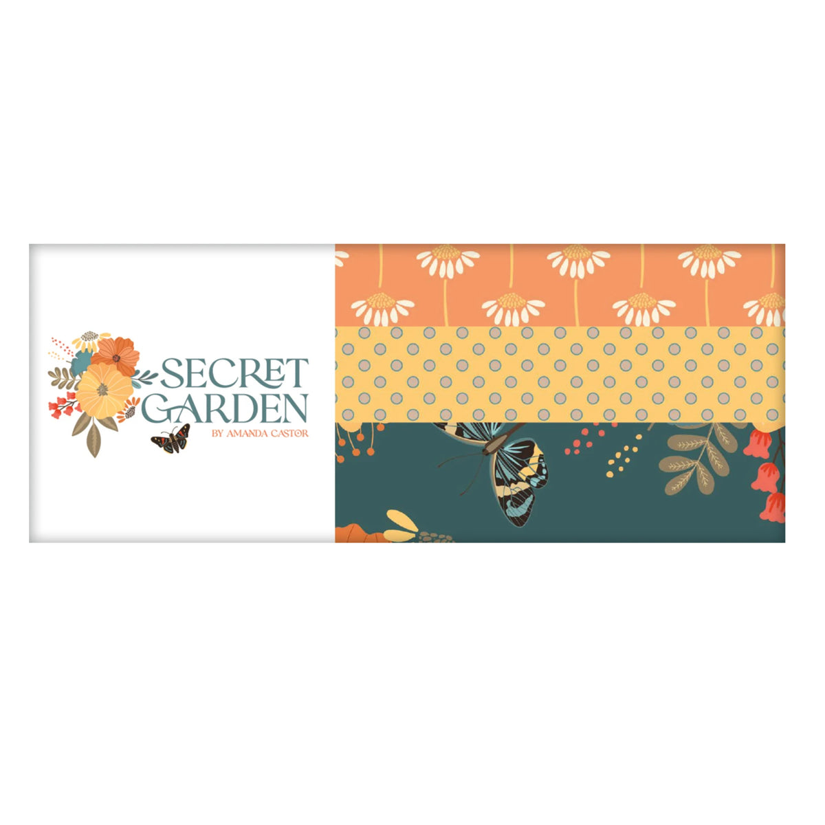 A rectangular fabric or paper pattern sample card for 'Secret Garden' by Amanda Carter, featuring three horizontal patterned bands: white daisies on orange, yellow polka dots, and a dark teal background with butterflies and leaves.