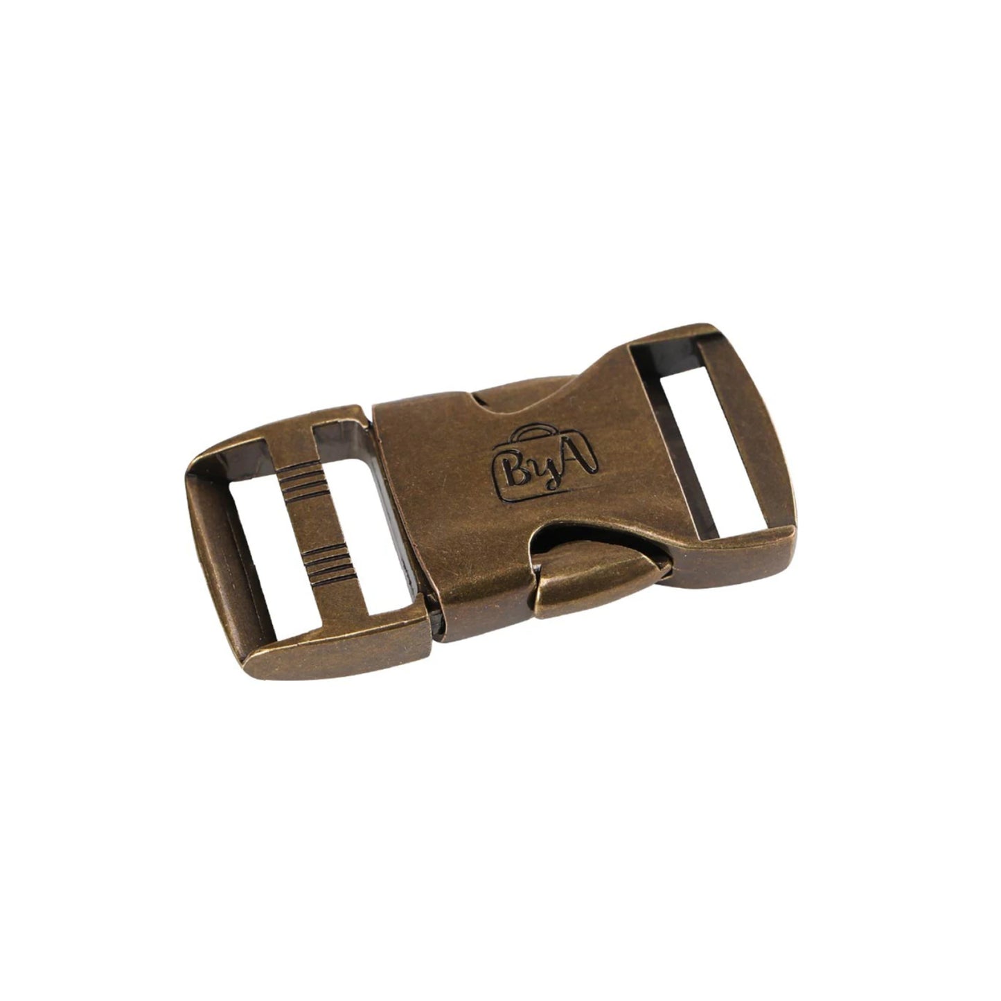 Bronze metal buckle with 'ByA' logo on a white background