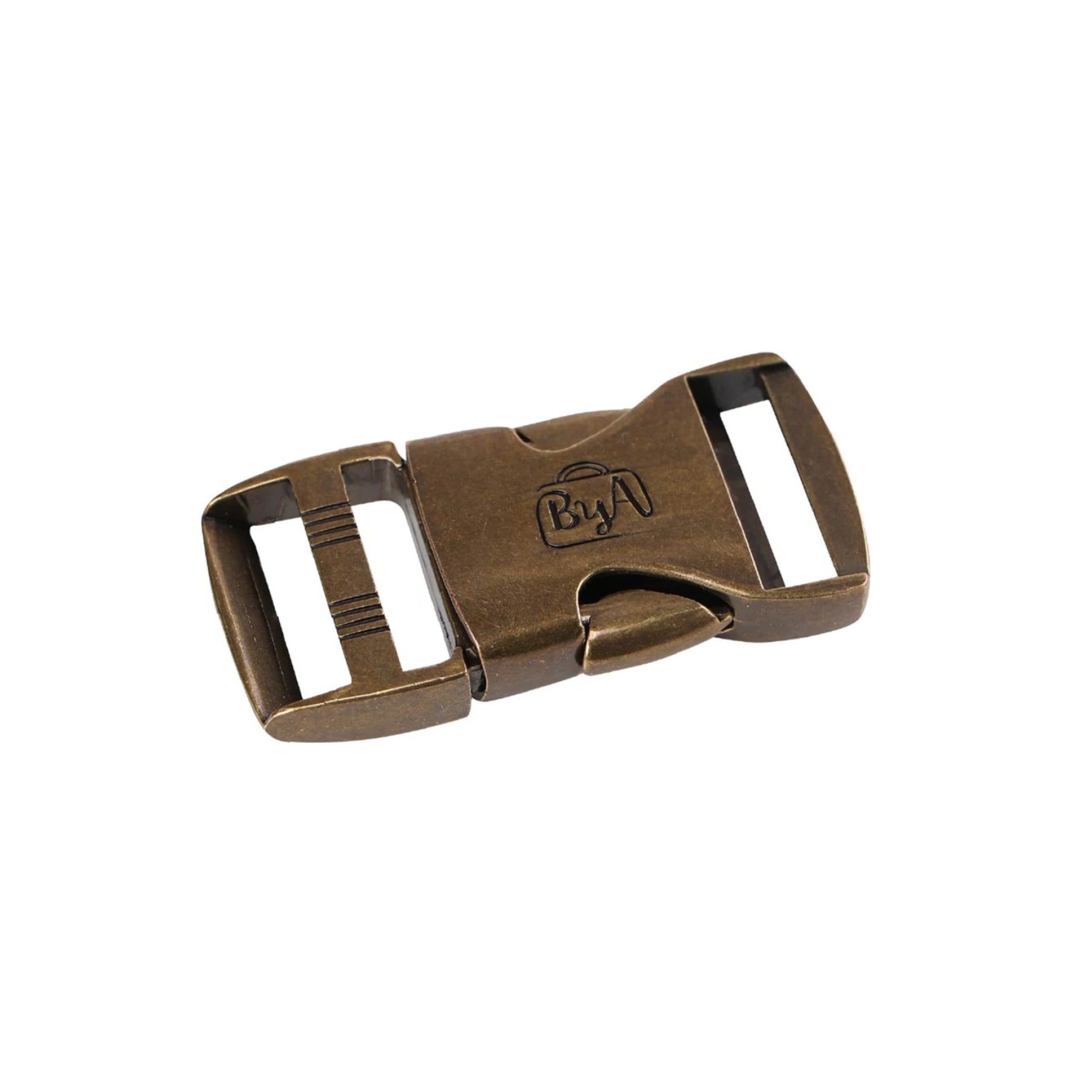 Bronze metal buckle with 'ByA' logo on a white background