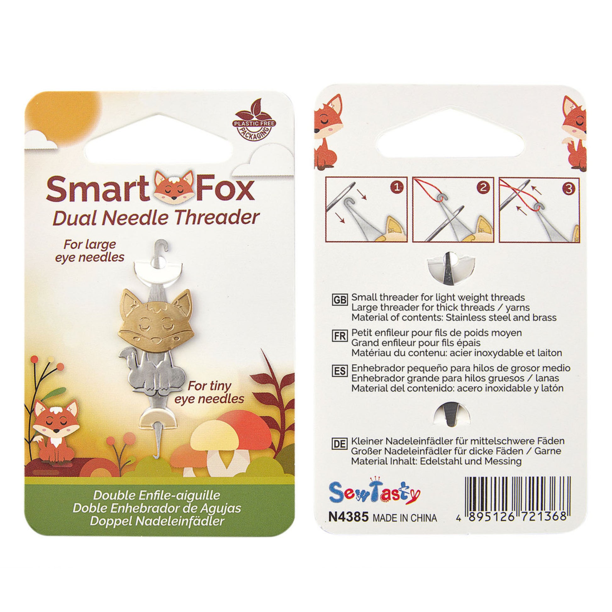 Smart Fox dual needle threader packaging with illustrations and text on a white background