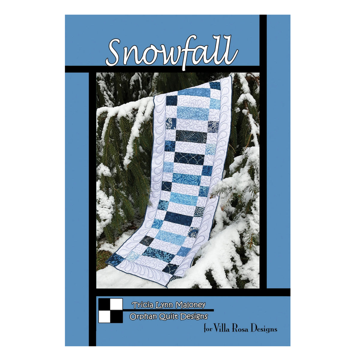 A quilt pattern cover titled 'Snowfall' showing a blue and white patchwork quilt draped over snow-covered evergreen trees. The cover has a blue border with the text 'Snowfall' at the top and 'Trish Linn Nelson' and 'Quilt Quilt Designs' at the bottom, for 'Villa Rosa Designs'.