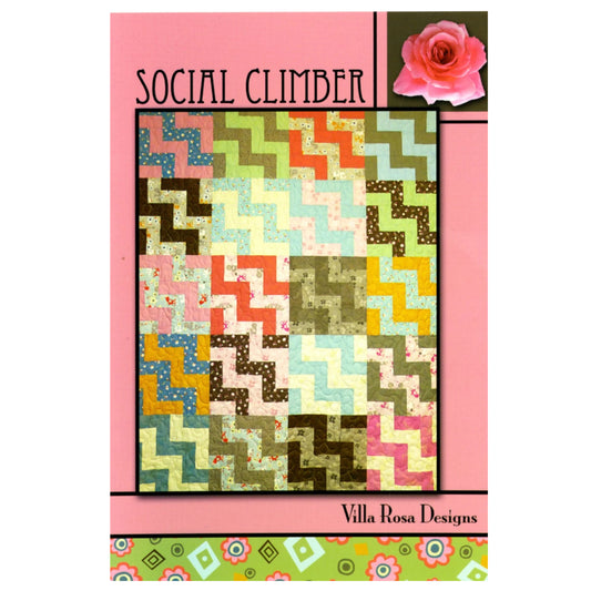 Quilt pattern cover titled 'Social Climber' by Villa Rosa Designs with a colorful geometric design and pink border.