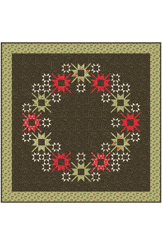 A square quilted rug with a dark brown center, featuring a circular wreath-like pattern of red and cream starburst medallions, surrounded by a patterned olive green border.