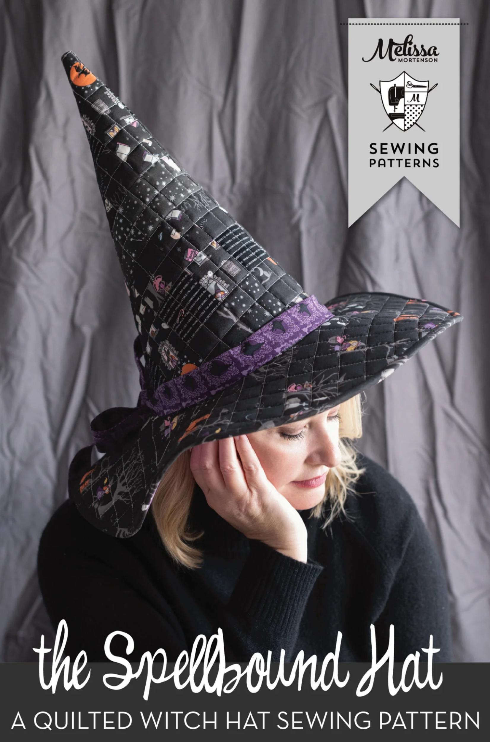 A woman wearing a tall black quilted witch hat with purple trim and Halloween-themed patchwork details, posed against a gray fabric backdrop. Text overlays read 'the Spellbound Hat' and 'A Quilted Witch Hat Sewing Pattern,' with a 'Melissa's Patterns Sewing Patterns' badge in the top right.