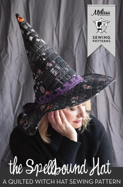 A woman wearing a tall black quilted witch hat with purple trim and Halloween-themed patchwork details, posed against a gray fabric backdrop. Text overlays read 'the Spellbound Hat' and 'A Quilted Witch Hat Sewing Pattern,' with a 'Melissa's Patterns Sewing Patterns' badge in the top right.