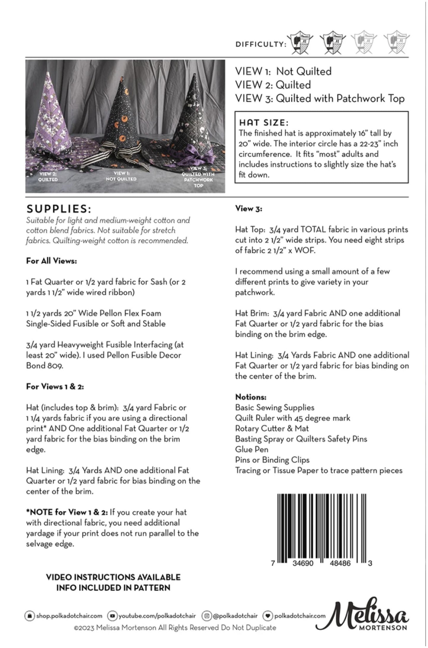 Patterned fabric with instructions and supplies for making a quilted patchwork hat, featuring text and a small image of a completed quilted hat.