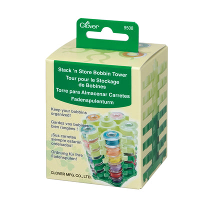 Stack 'n Store Bobbin Tower packaging with colorful bobbins on a white background