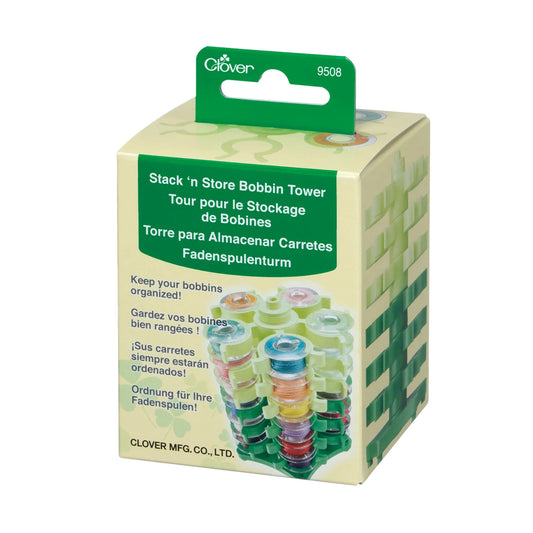 Stack 'n Store Bobbin Tower packaging with colorful bobbins on a white background