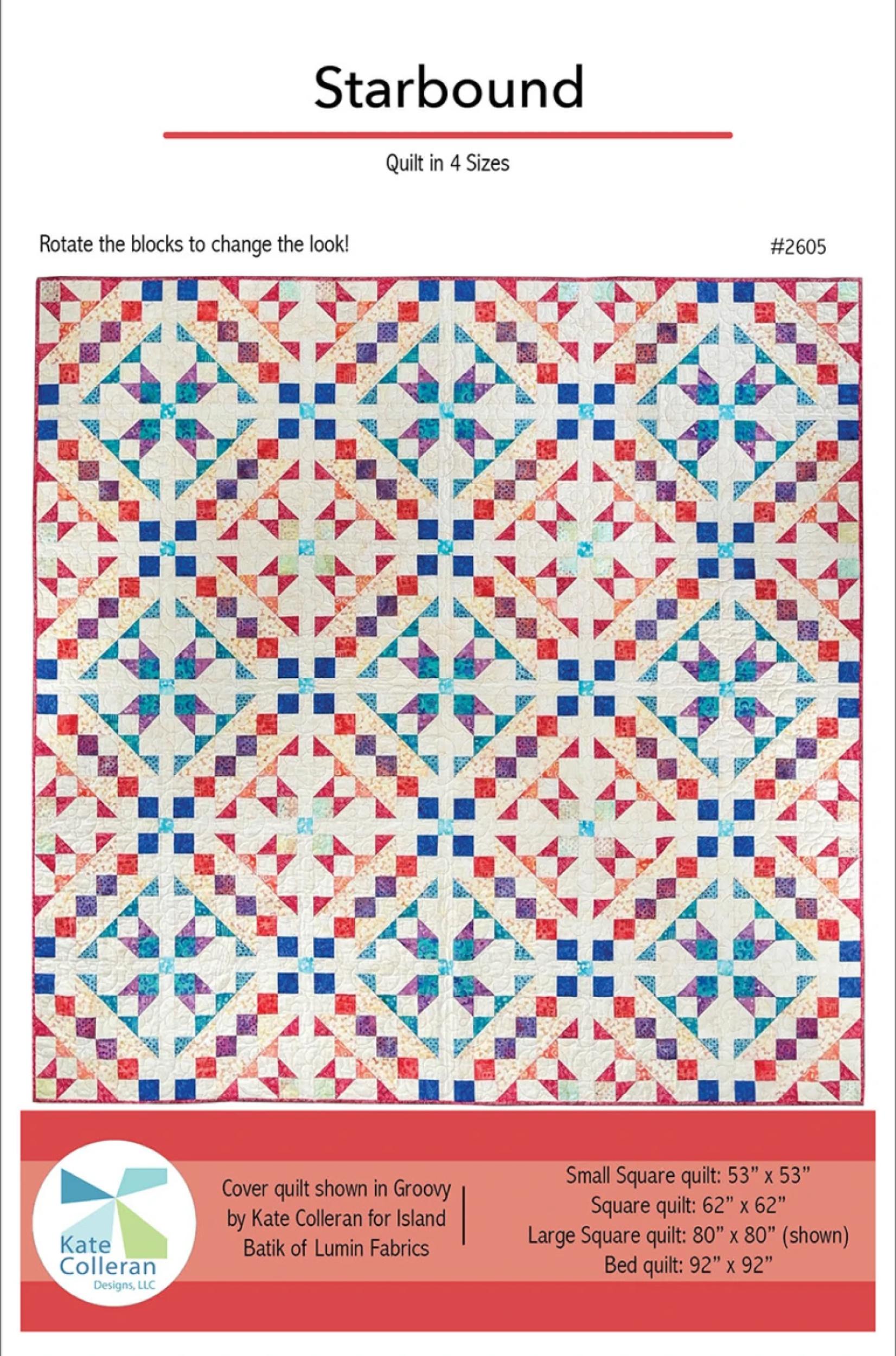Starbound quilt pattern cover showing a geometric patchwork quilt design with red, blue, white, and tan blocks. The cover includes text detailing the quilt sizes and fabric requirements, with a red footer and the Kate Collieran logo.