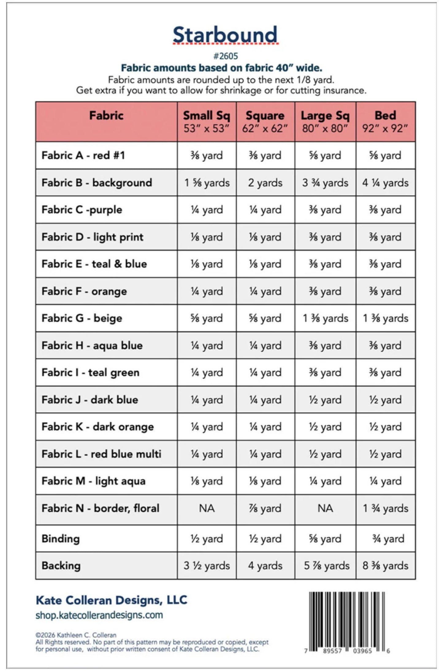 A fabric yardage measurement chart from Starbound by Kate Colleran Designs. The chart displays a grid with columns for fabric sizes (Small Sq, 62 x 62, 80 x 80, 92 x 92) and rows for various fabric colors and a backing.