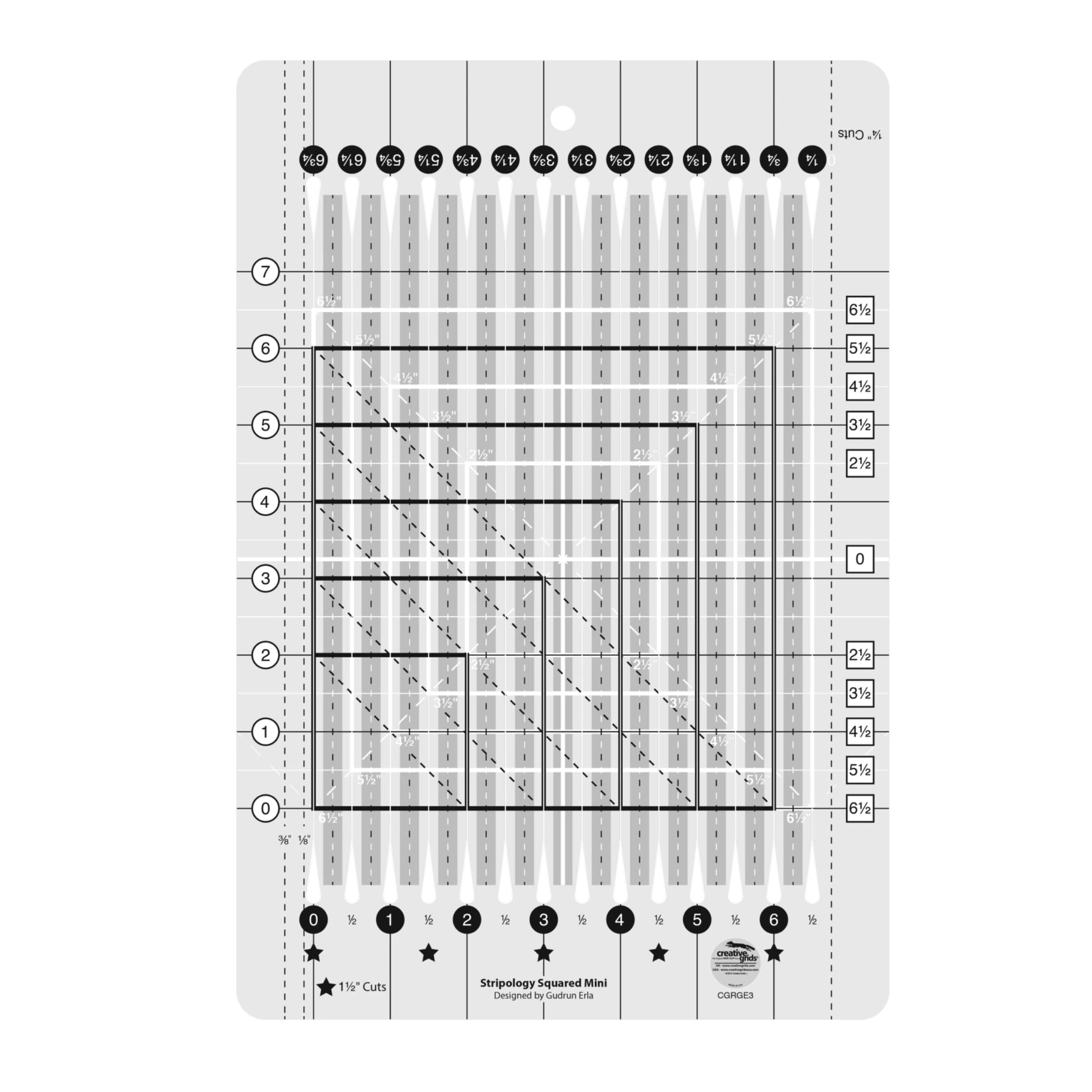 Quilting ruler with grid lines and measurements on a white background