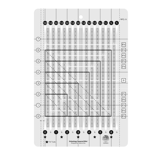 Quilting ruler with grid lines and measurements on a white background