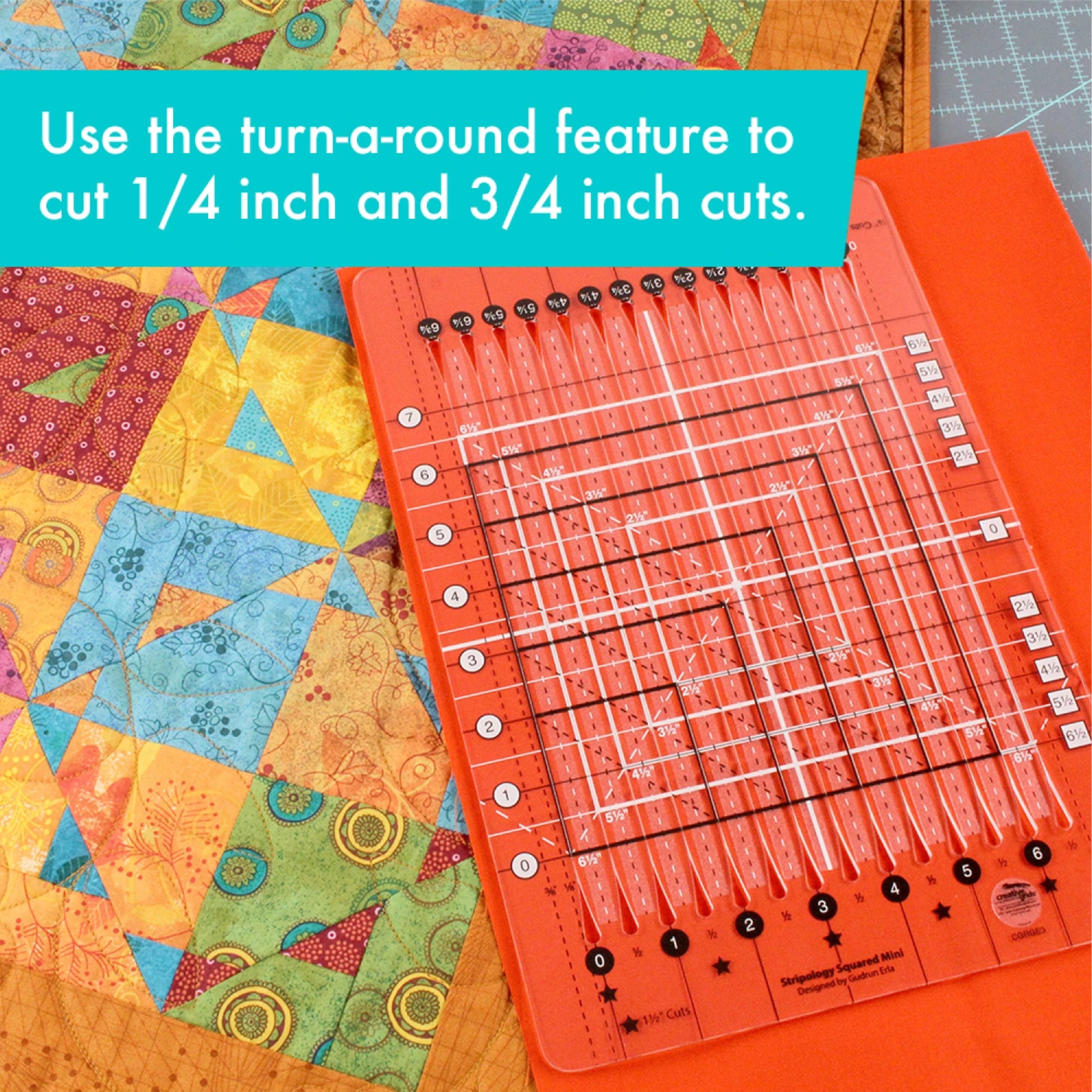 Quilting ruler on a colorful fabric background with text about its features.