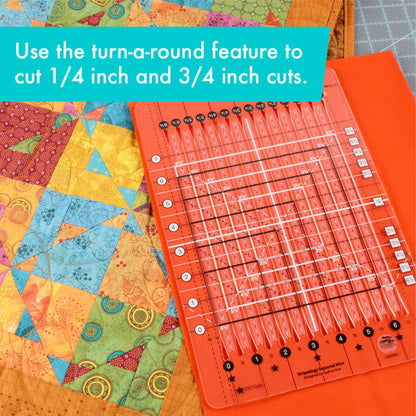 Quilting ruler on a colorful fabric background with text about its features.