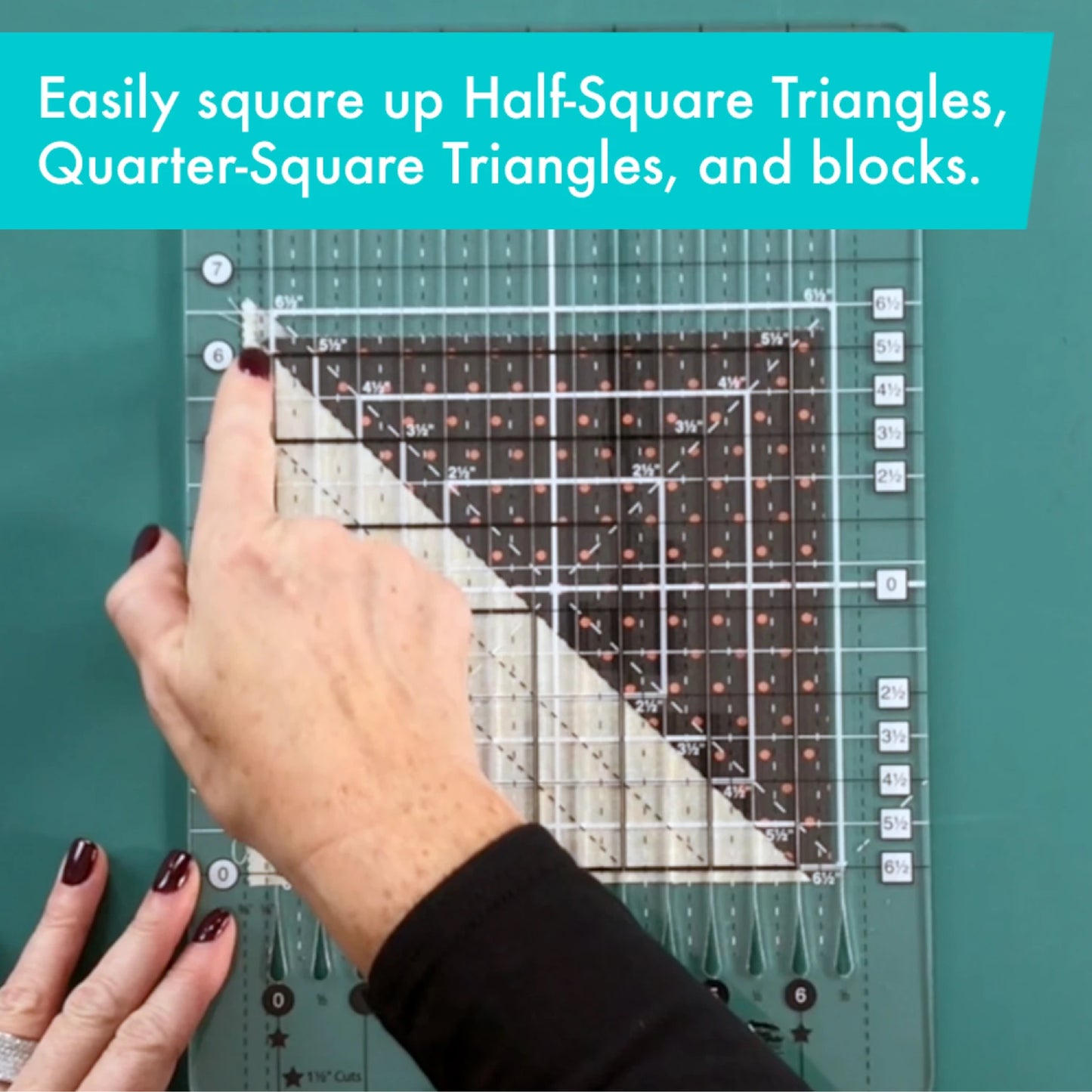 Quilting ruler being used on a green cutting mat with text about using it for square-up techniques.