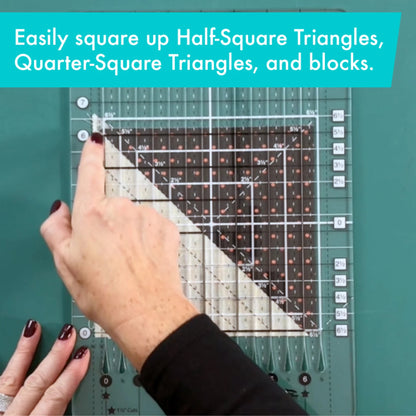 Quilting ruler being used on a green cutting mat with text about using it for square-up techniques.