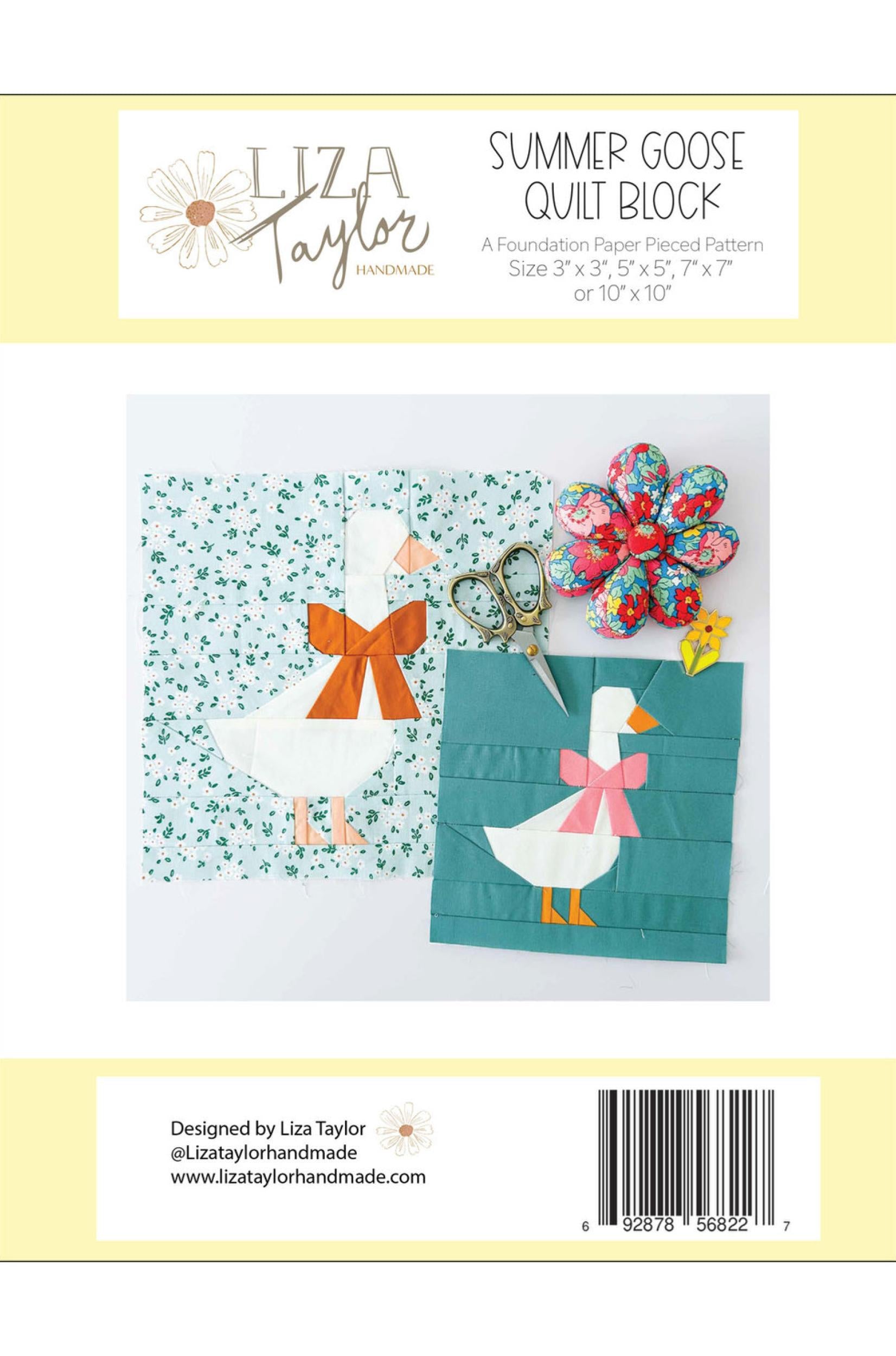 Liza Taylor Summer Goose Quilt Block sewing pattern back cover, showing two quilted goose designs, a floral applique flower, scissors, and a barcode on a pale yellow and white layout.