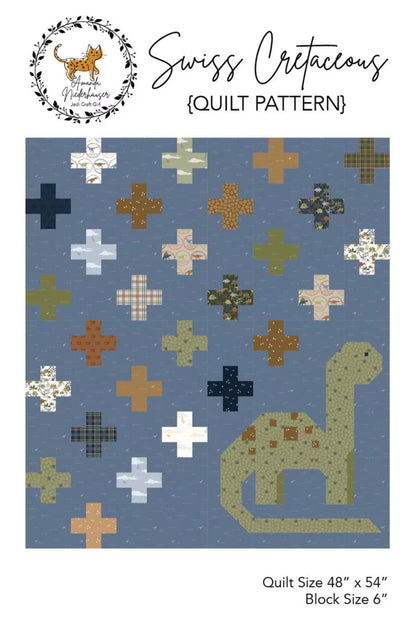 Swiss Cretaceous quilt pattern cover showing a blue quilt design with scattered cross motifs in different colors and a dinosaur silhouette in the lower right. The top includes the title 'Swiss Cretaceous {Quilt Pattern}' and a circular logo, with size information at the bottom.