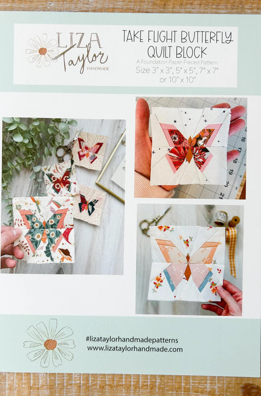 Liza Taylor butterfly quilt block pattern with images of butterflies and text.