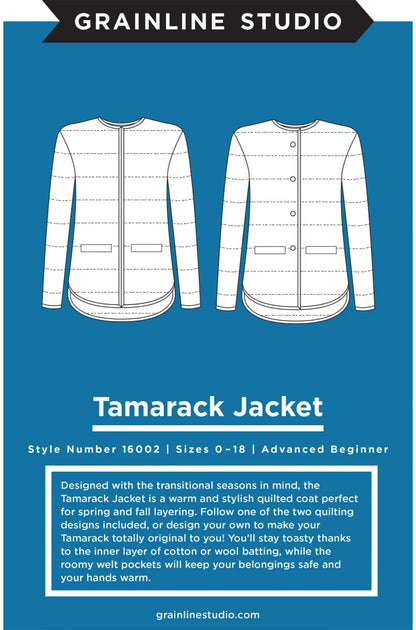 Design of a Tamarack Jacket with front and side views on a blue background, featuring Grainline Studio branding.