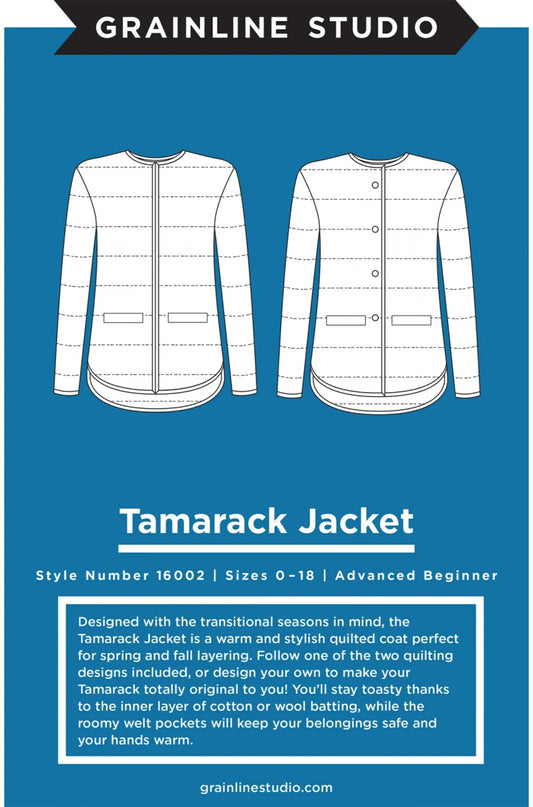 Design of a Tamarack Jacket with front and side views on a blue background, featuring Grainline Studio branding.