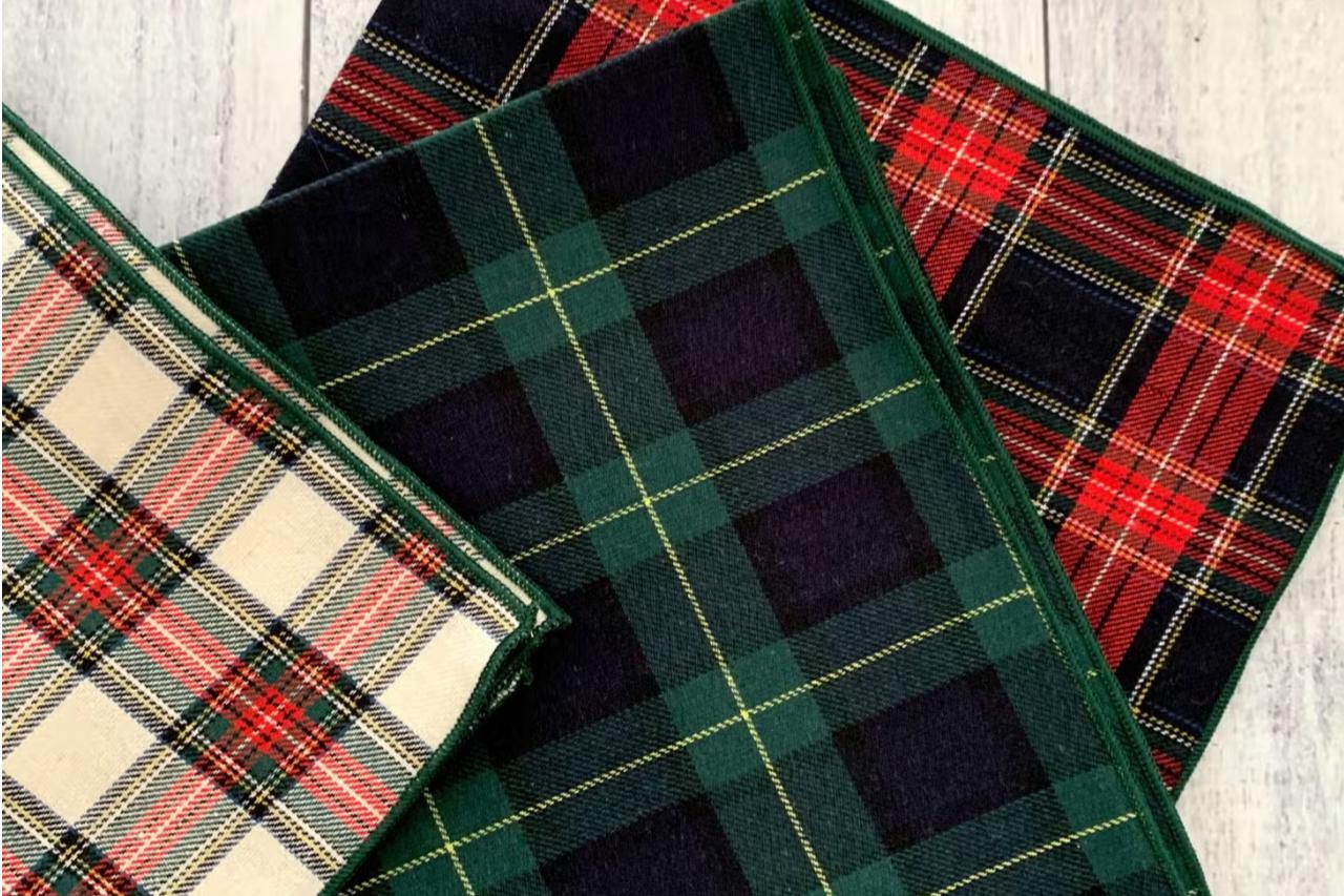 Three color options of Tartan Cloth Napkins by Dot & Army