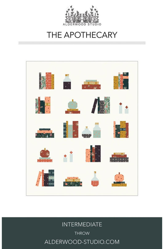 Pattern design titled 'The Apothecary' by Alderwood Studio with illustrated books and bottles on a white background.